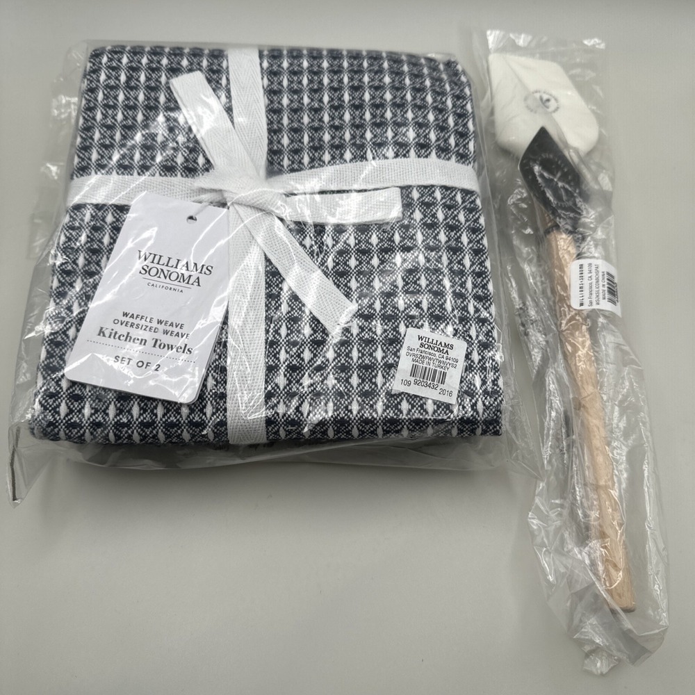 Williams Sonoma Waffle Weave Kitchen Towels Dish Set 2 + Logo Spatula New Gift